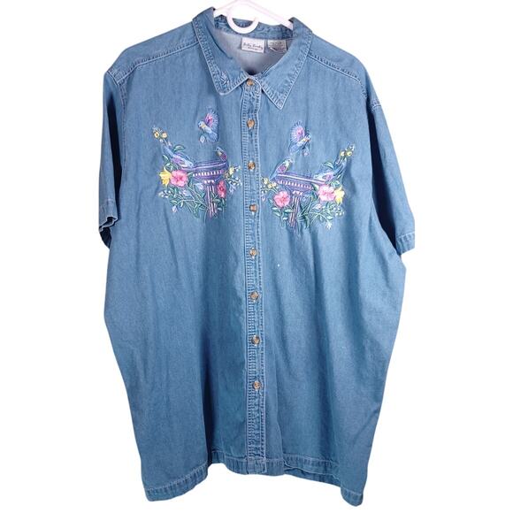 Bobbie Brooks Tops - Bobbie Brooks Vintage 90s Embroidered Denim Shirt Women's Plus Size 26W Floral